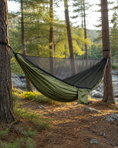 Empty ArmyGreen mosquito-net hammock suspended between trees at golden hour