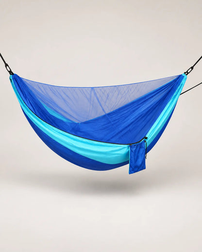 Two-tone Blue camping hammock with mosquito net from the right angle