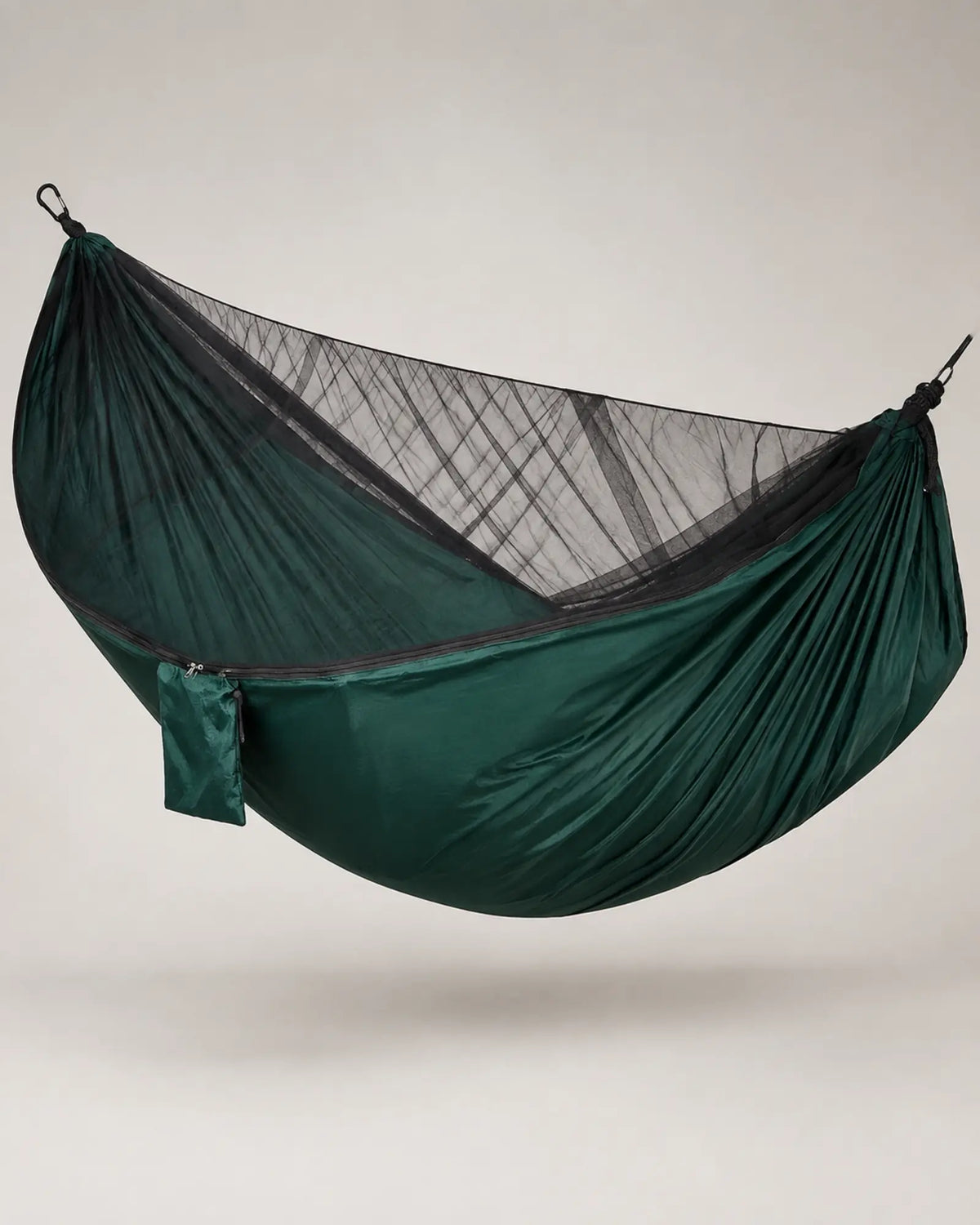 Dark green mosquito-net hammock shown from the left three-quarter angle