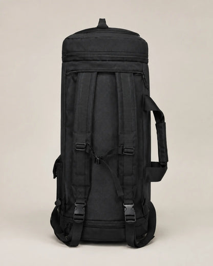 Back view of the black travel bag with dual backpack shoulder straps