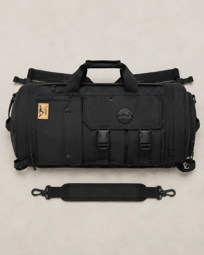 Black multi-carry travel bag and detachable shoulder strap arranged flat