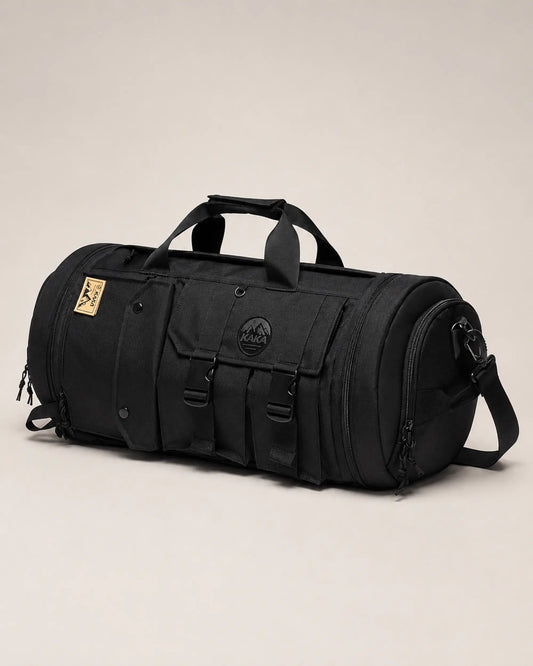 ARWE black Oxford multi-carry travel bag in a front studio hero view