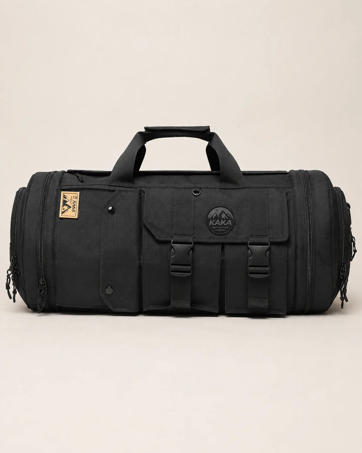 Black Oxford cylindrical travel bag shown in a full side profile