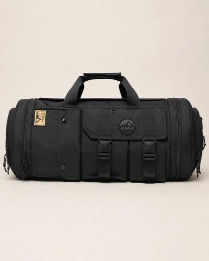 Black Oxford cylindrical travel bag shown in a full side profile
