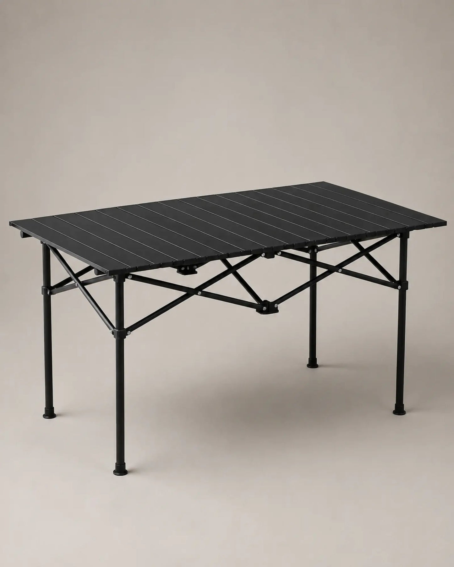 ARWE black roll-up carbon steel camping table in a front studio view