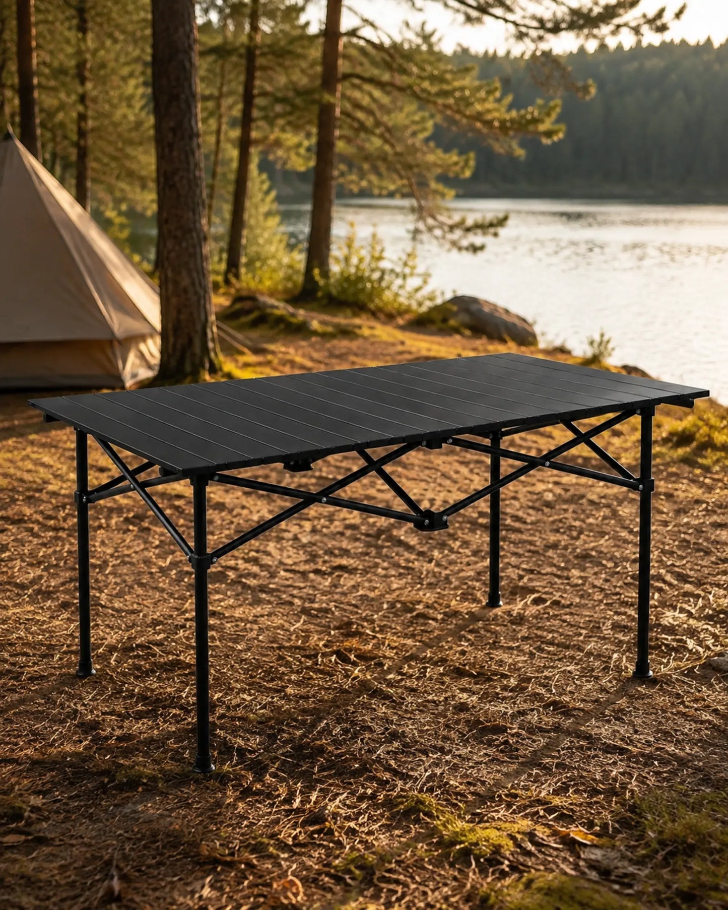 Black portable camping table at a lakeside forest campsite