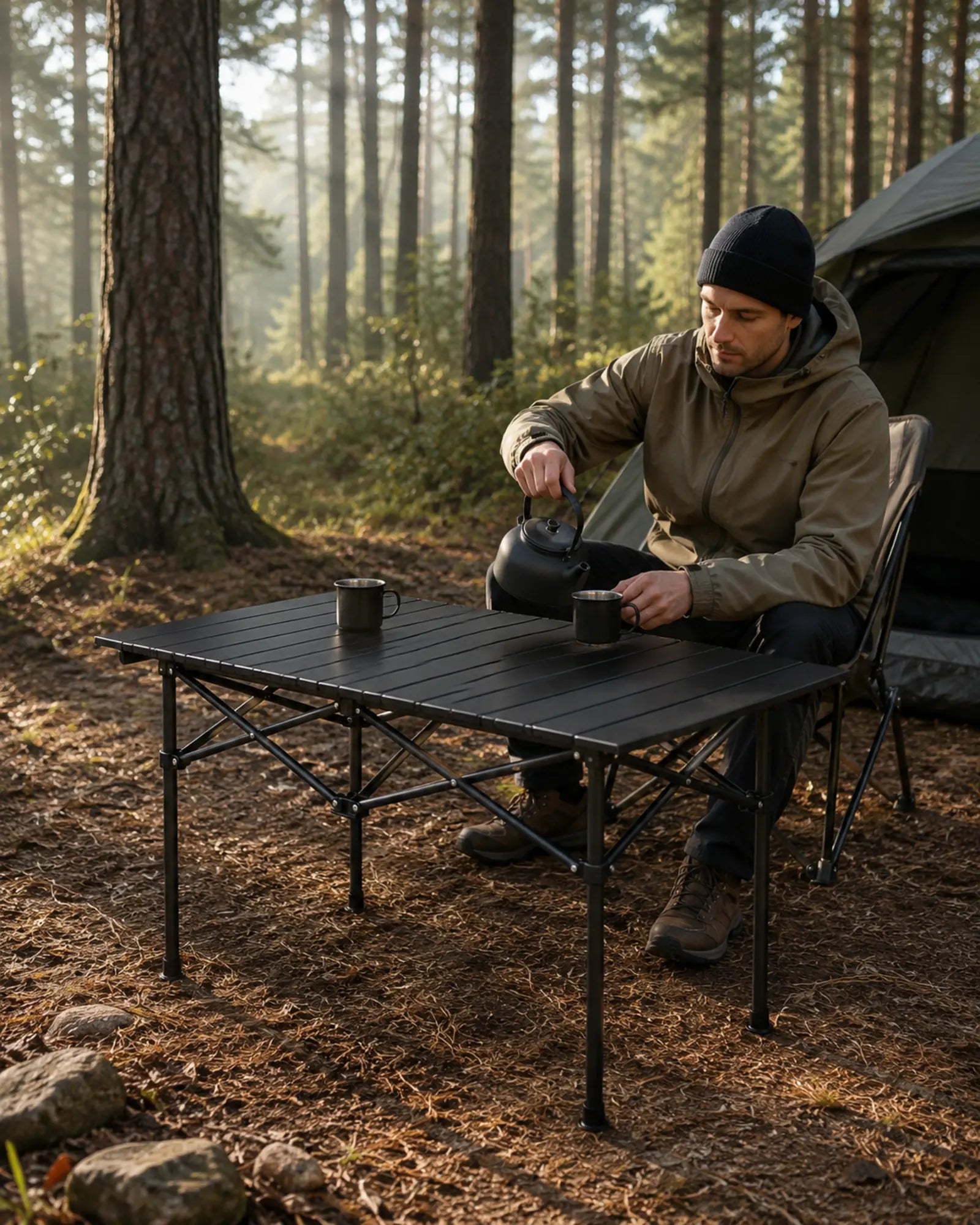 Camper using the black folding table at a forest campsite