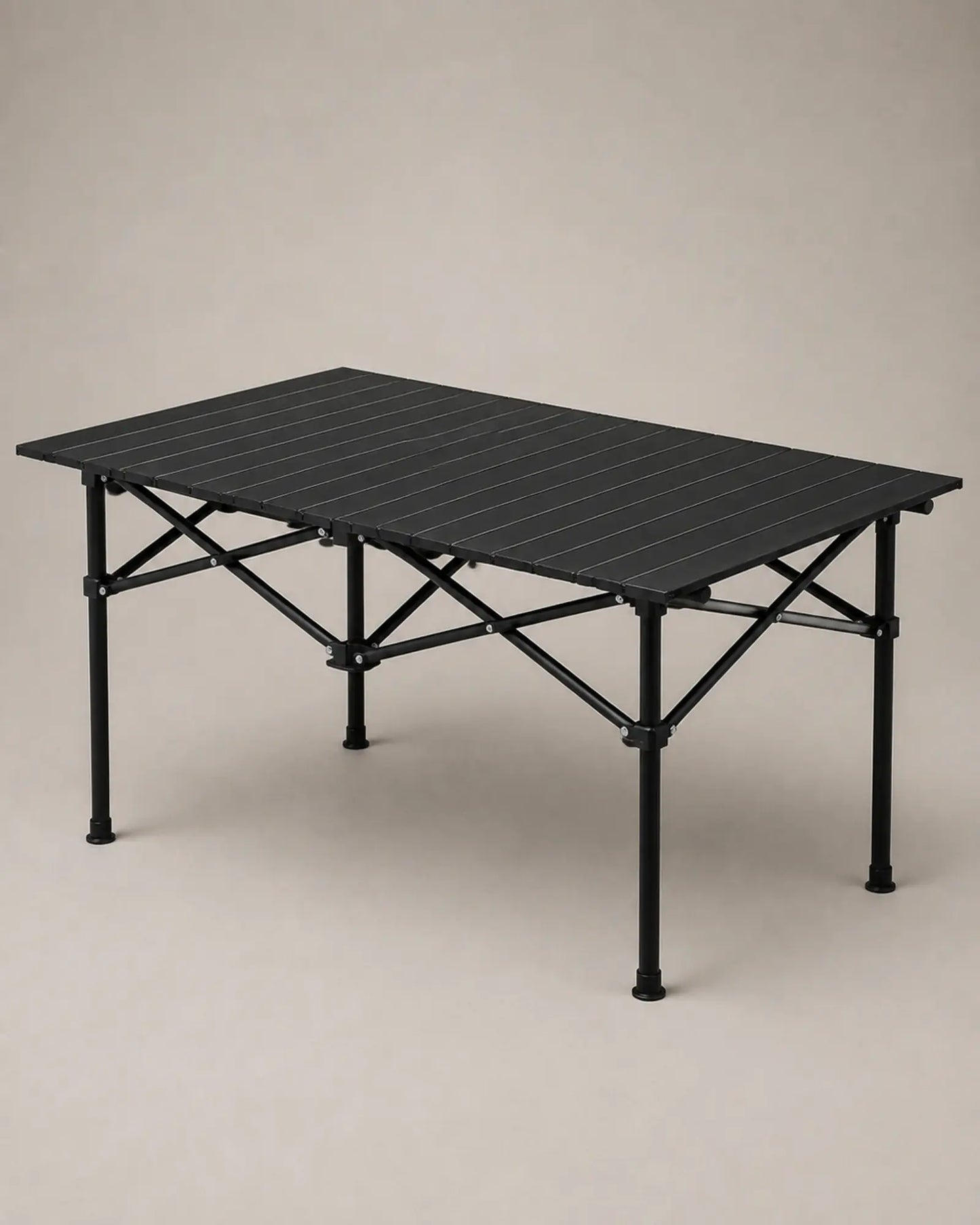 Black roll-up camp table shown from the right rear three-quarter angle