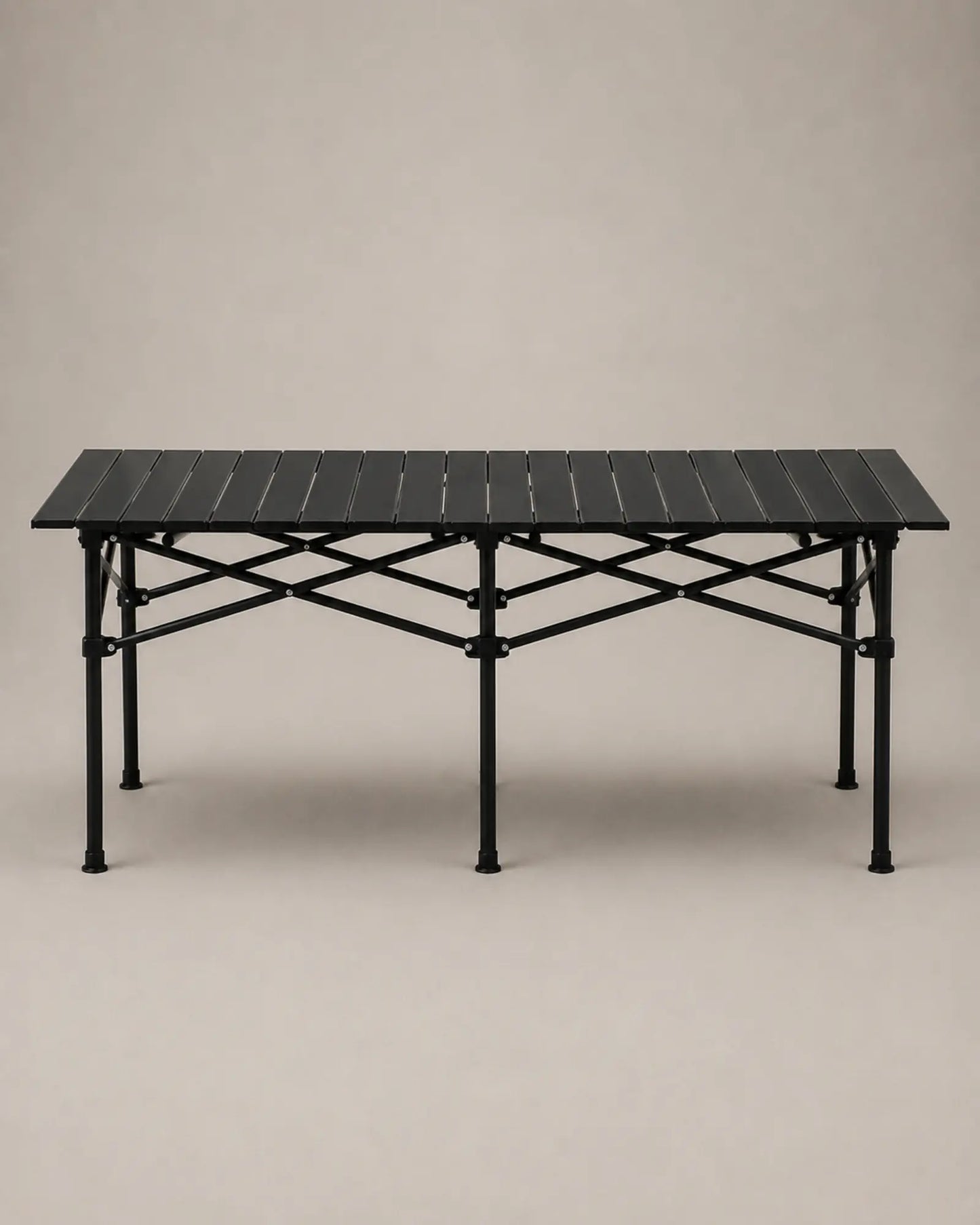Long side profile of the black folding camping table and crossed frame