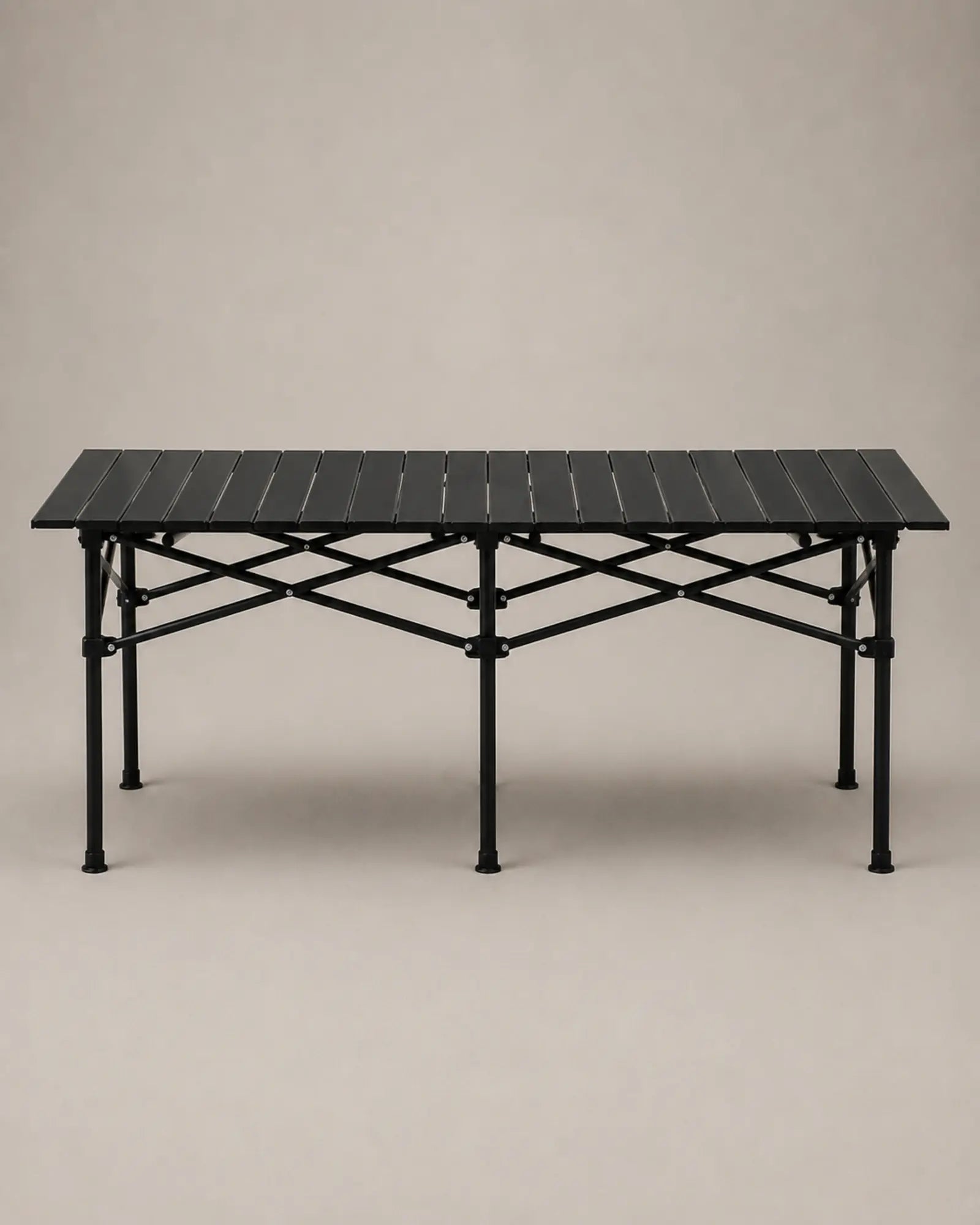 Long side profile of the black folding camping table and crossed frame