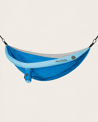 Blue Naturehike double camping hammock in a front studio hero view