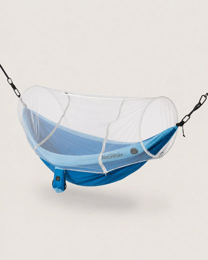 Blue Naturehike hammock with white tunnel mosquito net fully deployed