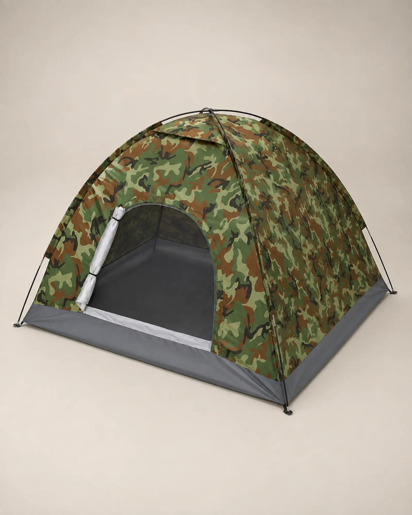 Elevated view of the crossed fiberglass poles and camouflage dome shell