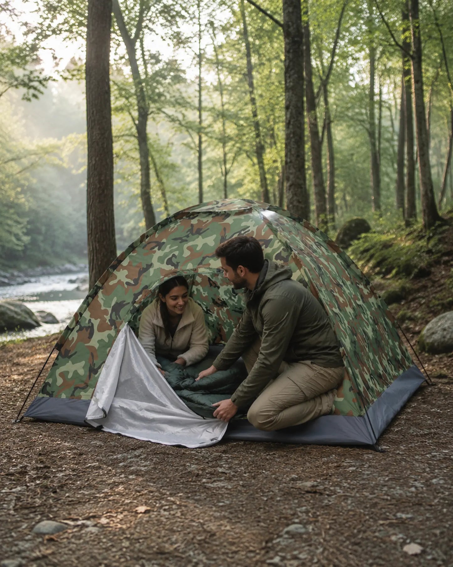 Campers arranging bedding inside the camouflage dome tent beside a forest stream