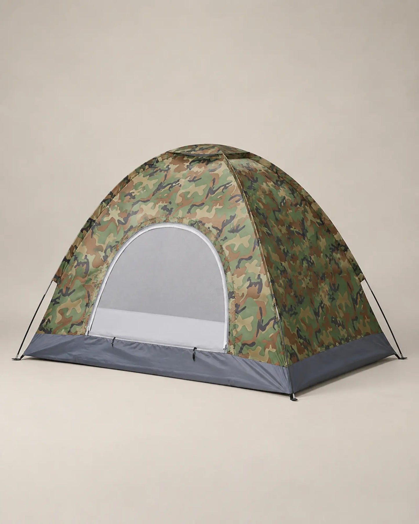 Camouflage camping tent with closed entrance from the right front angle
