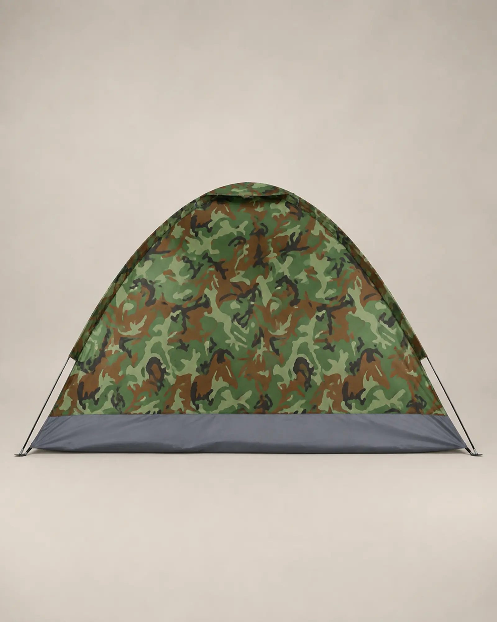 Side profile of the low camouflage dome tent and grey floor skirt
