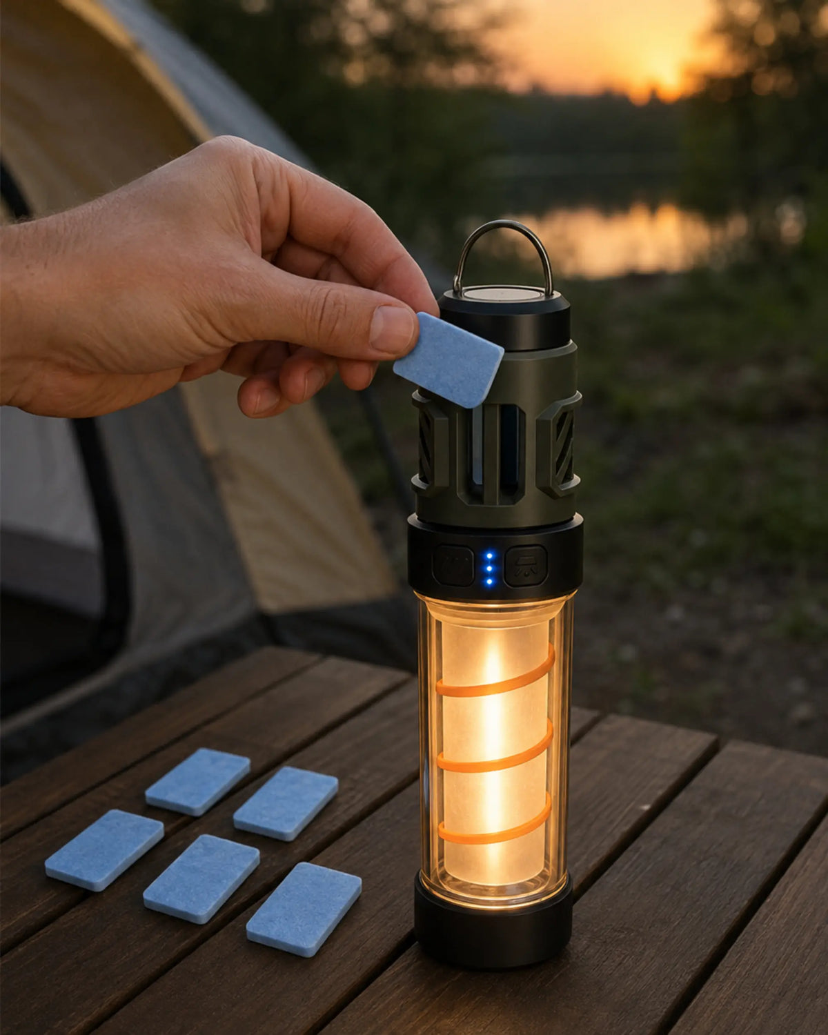 Camper placing one of six mosquito-repellent pads into an AH06 lantern