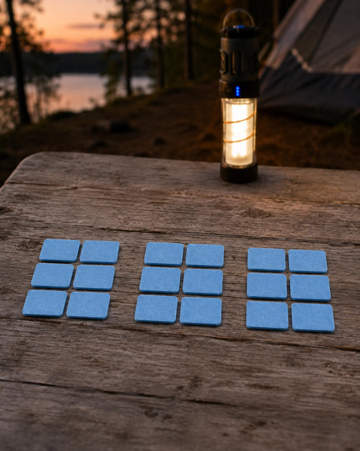 Three six-pad mosquito-repellent sets arranged on a campsite table