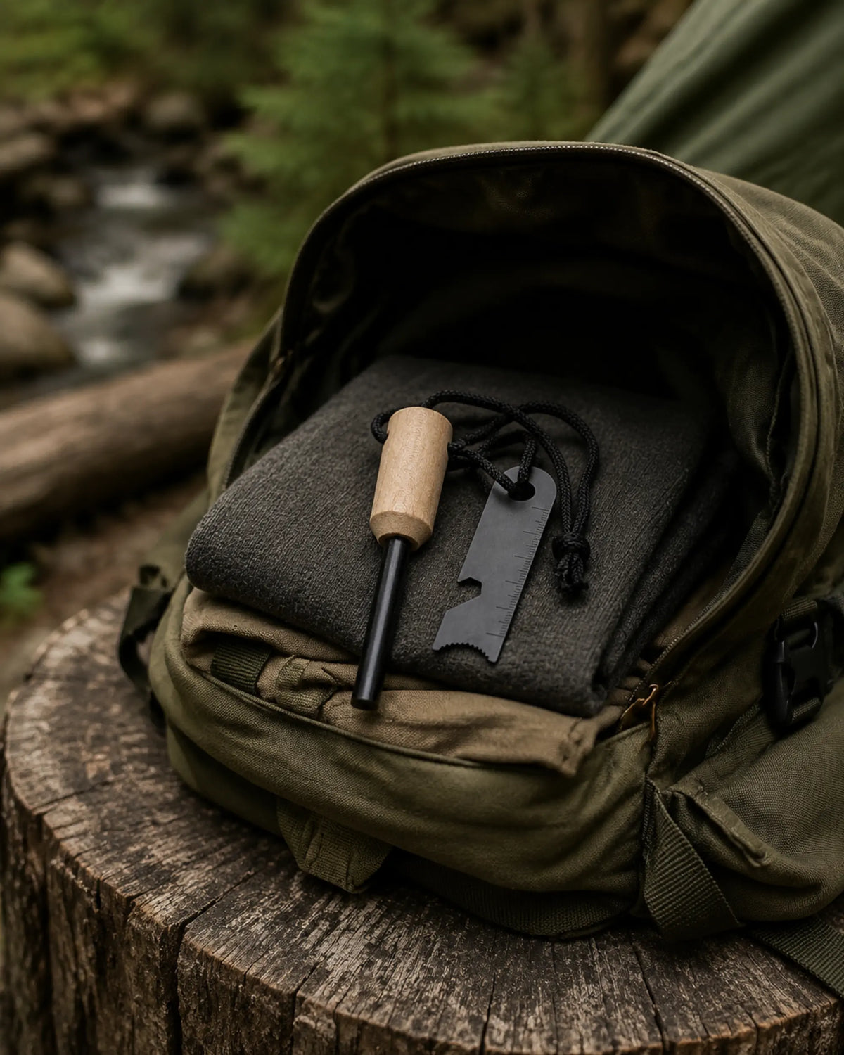 ARWE wood-handle ferrocerium fire starter beside an open canvas camping backpack