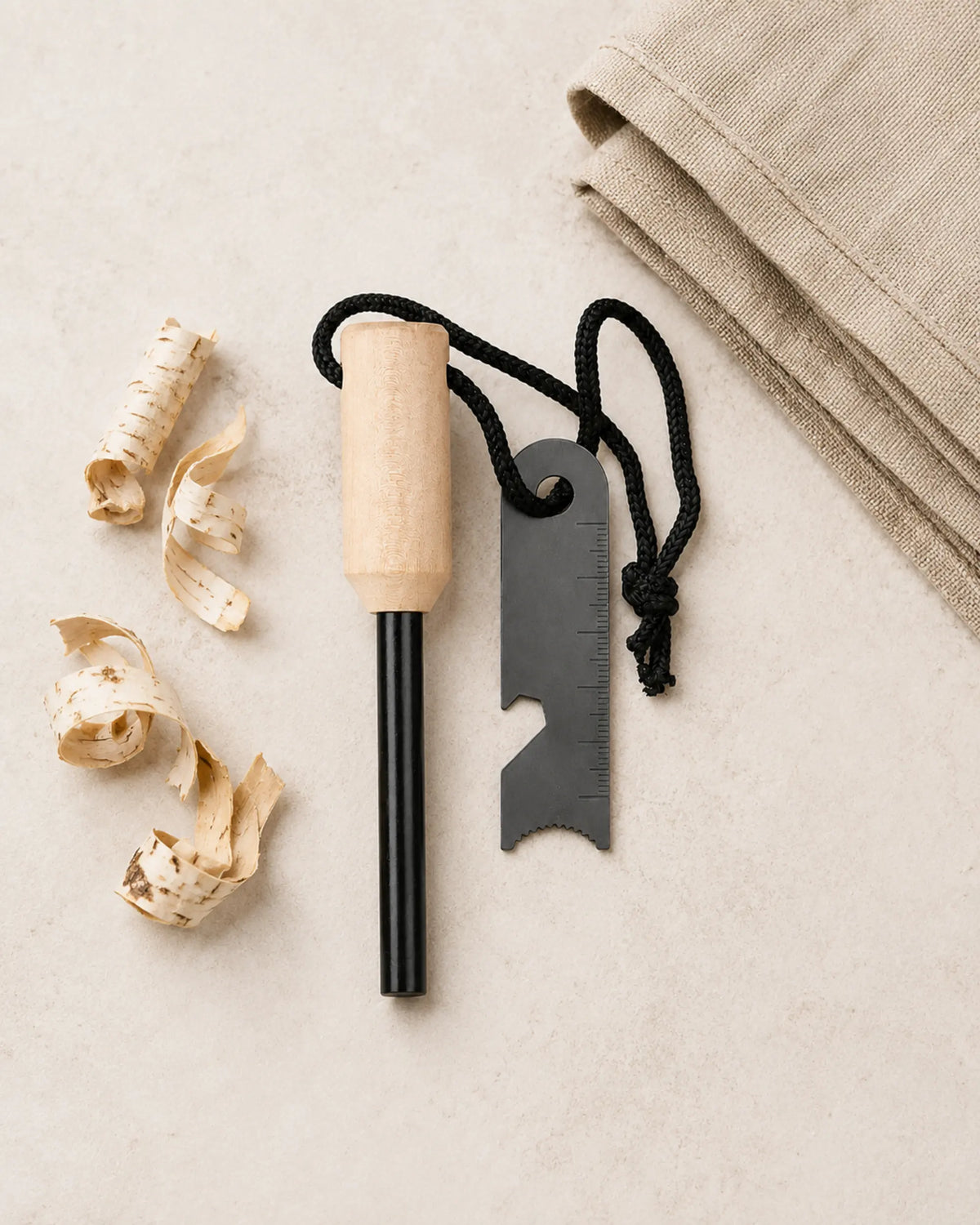 ARWE ferrocerium fire starter flat lay with birch tinder and folded canvas