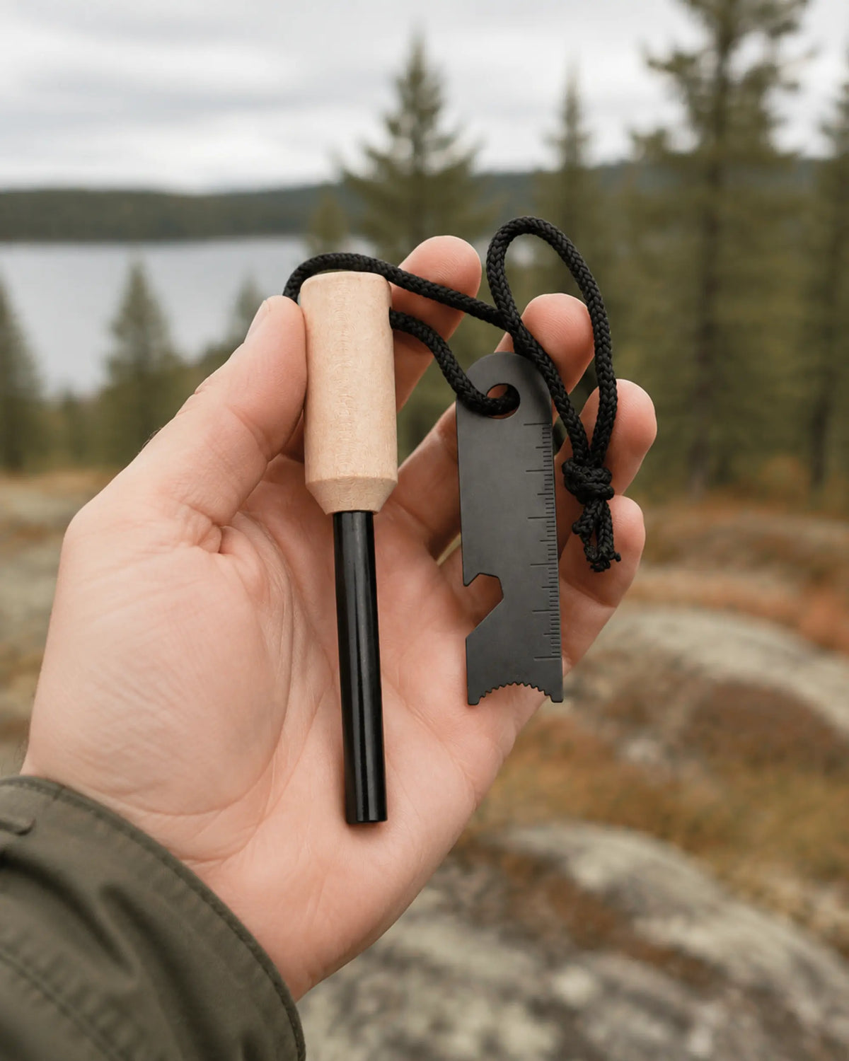 ARWE cylindrical wood-handle ferrocerium fire starter held in hand for scale