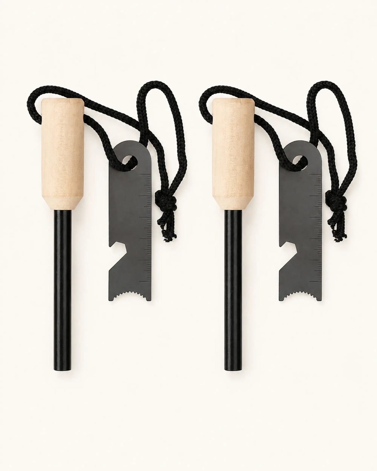 Two ARWE cylindrical wood-handle ferrocerium fire starter kits with steel strikers