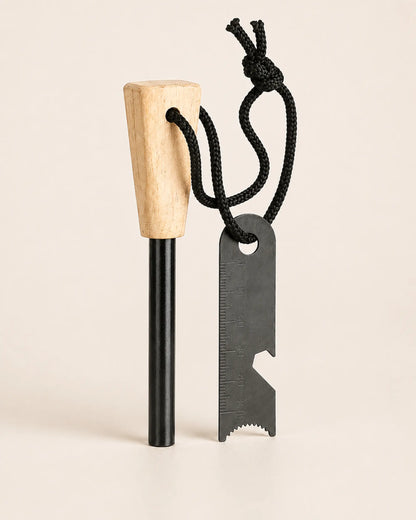 Angled view of the ARWE diamond-shaped wood-handle ferro rod and steel striker