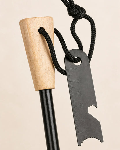 Close view of the ARWE diamond-shaped wood handle, lanyard and striker edges