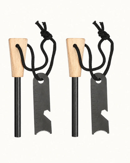 Two ARWE diamond-shaped wood-handle ferrocerium fire starter kits with strikers