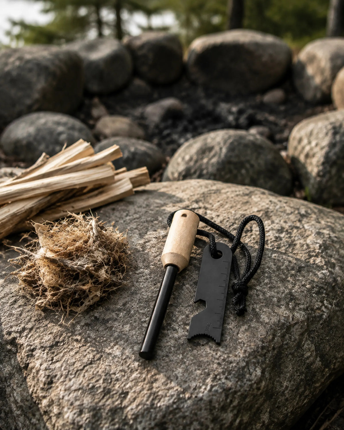 ARWE ferro rod and steel striker arranged beside tinder and kindling for fire preparation