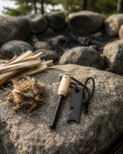 ARWE ferro rod and steel striker arranged beside tinder and kindling for fire preparation