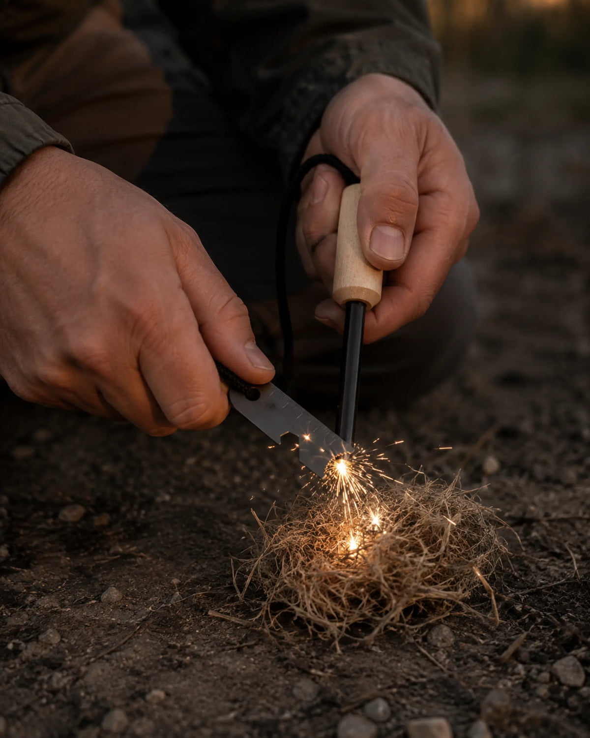 ARWE ferrocerium fire starter creating sparks over dry tinder at a campsite