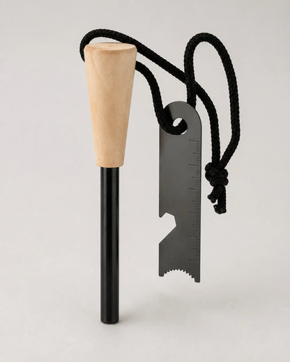 Angled view of the ARWE tapered wood-handle ferro rod and steel striker