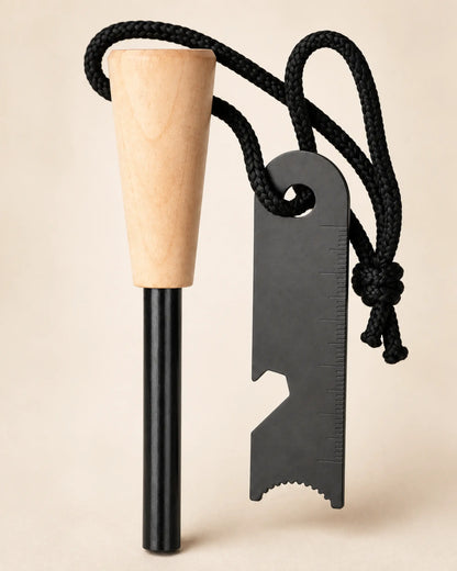 Close view of the ARWE tapered wood handle, ferro rod and steel striker
