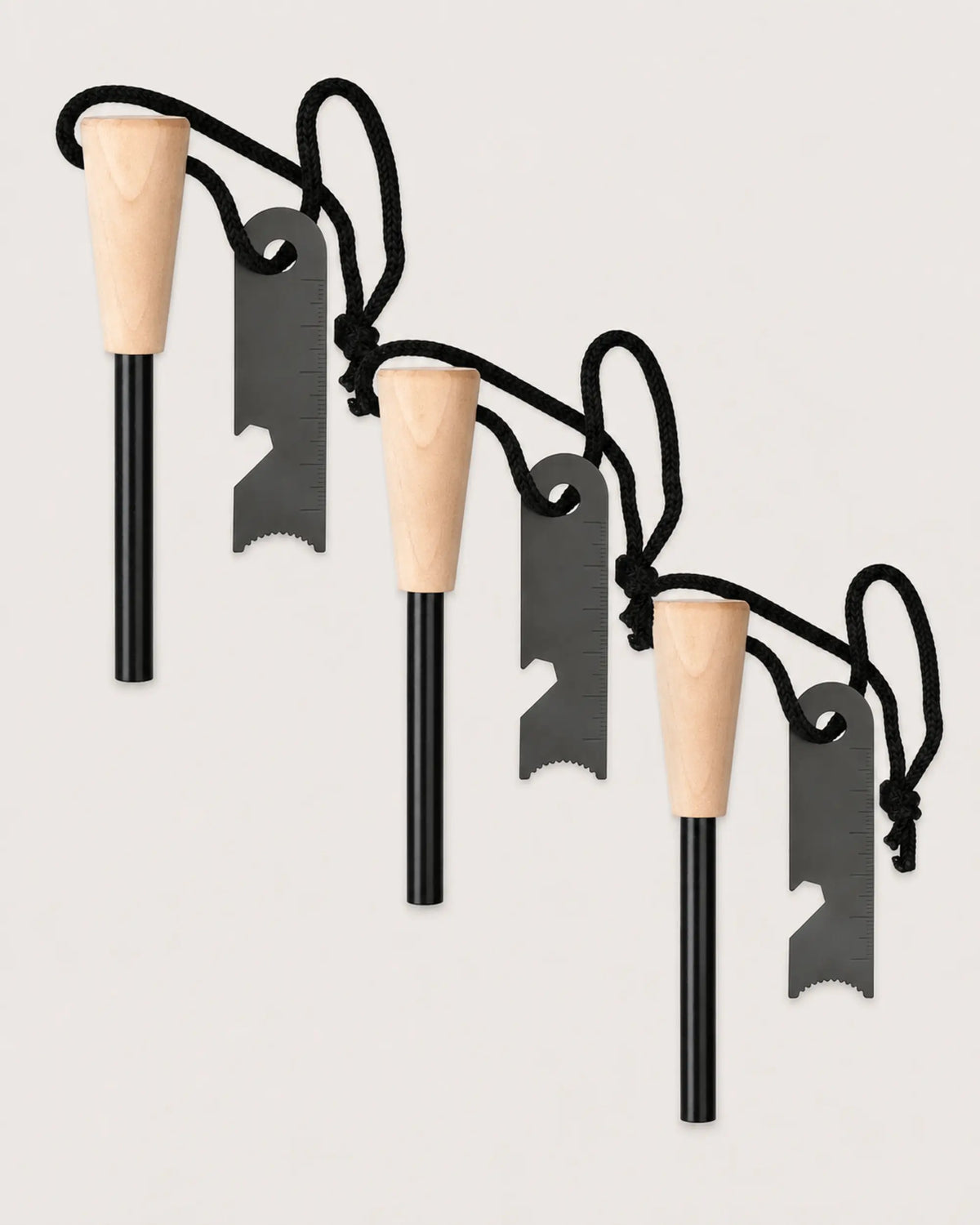 Three ARWE tapered wood-handle ferrocerium fire starter kits with steel strikers
