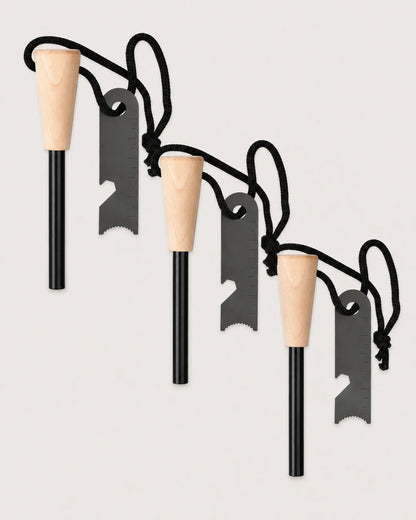 Three ARWE tapered wood-handle ferrocerium fire starter kits with steel strikers