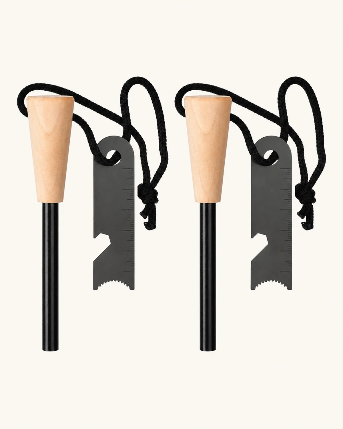 Two ARWE tapered wood-handle ferrocerium fire starter kits with steel strikers