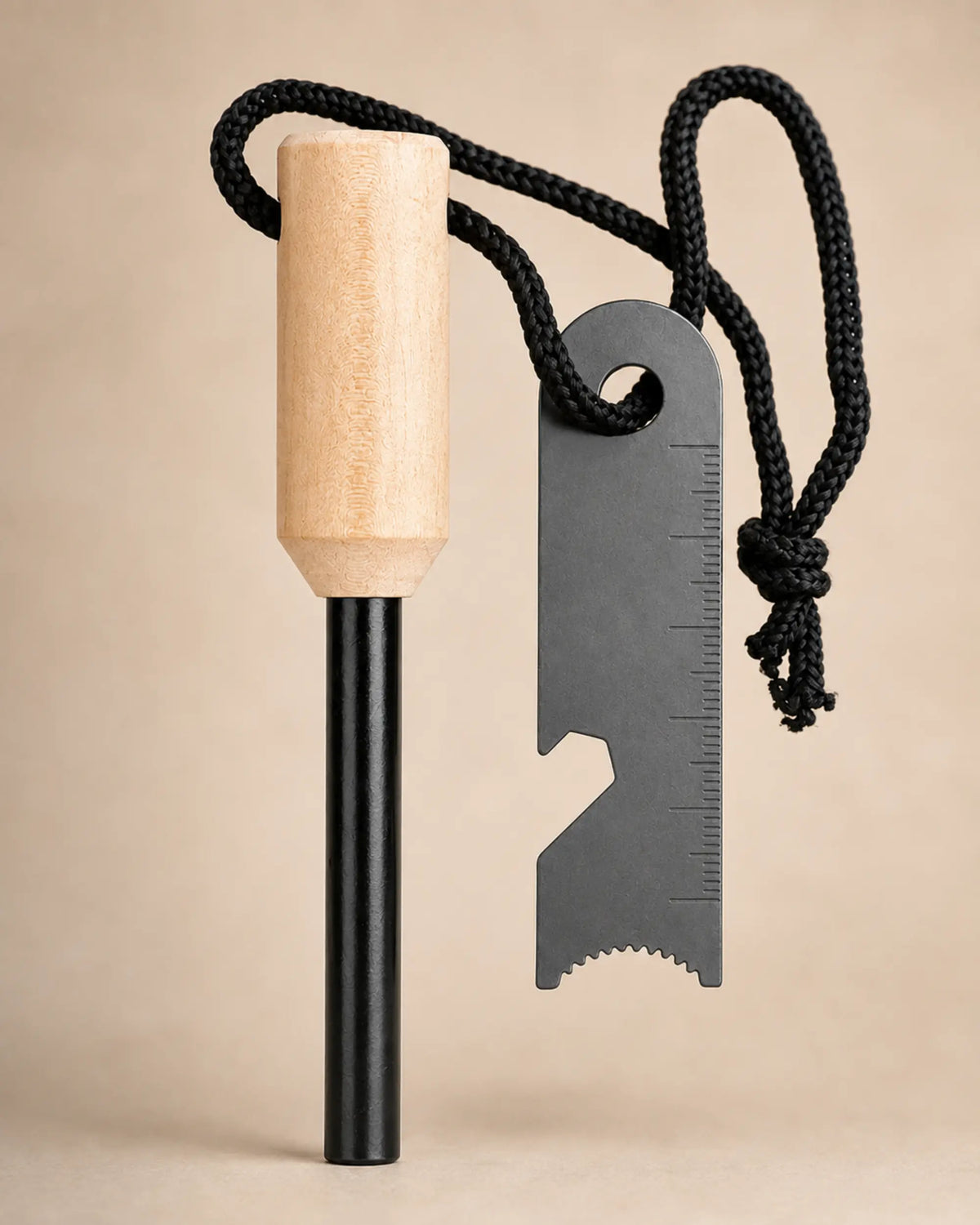 Close view of the ARWE fire starter wood handle, ferro rod and serrated steel striker