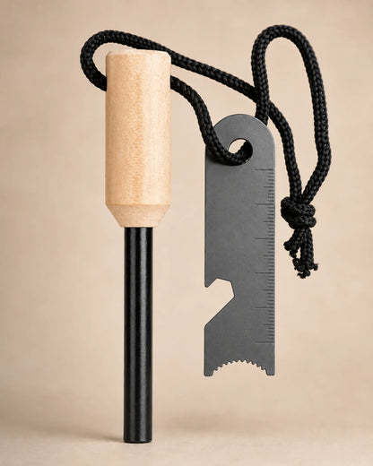Close view of the ARWE fire starter wood handle, ferro rod and serrated steel striker