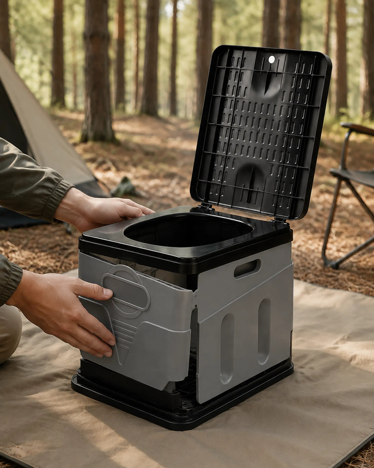 Camper assembling the grey foldable portable toilet on a groundsheet at a pine forest campsite