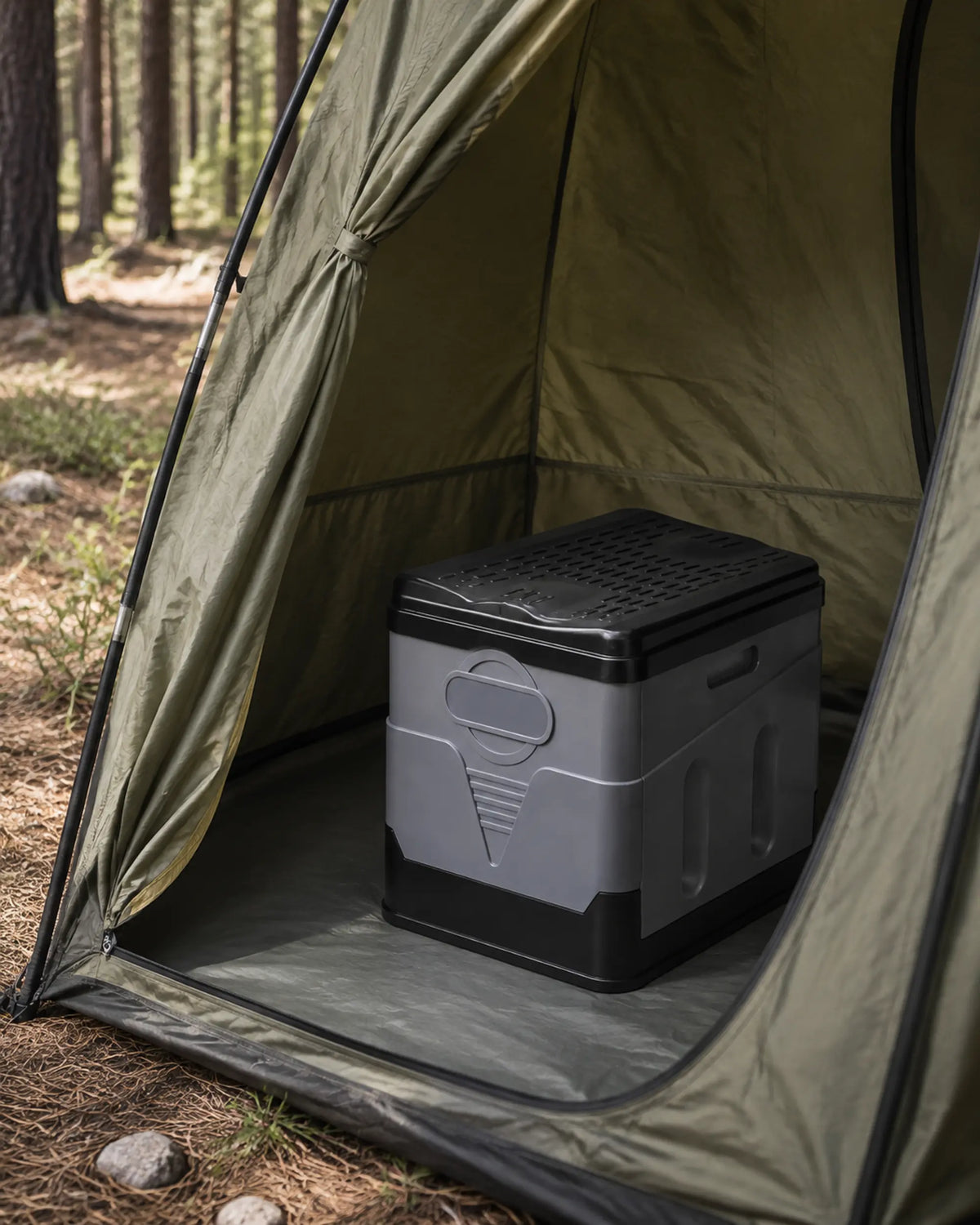 Grey foldable portable camping toilet with closed lid inside an outdoor privacy tent at a pine campsite