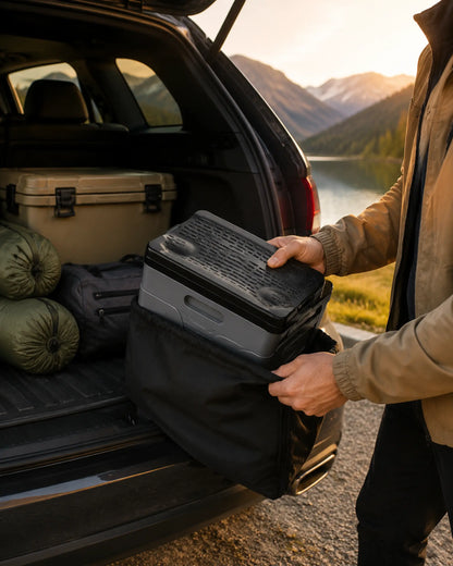 Camper packing the compact foldable portable toilet into its carry bag at an SUV tailgate beside a lake