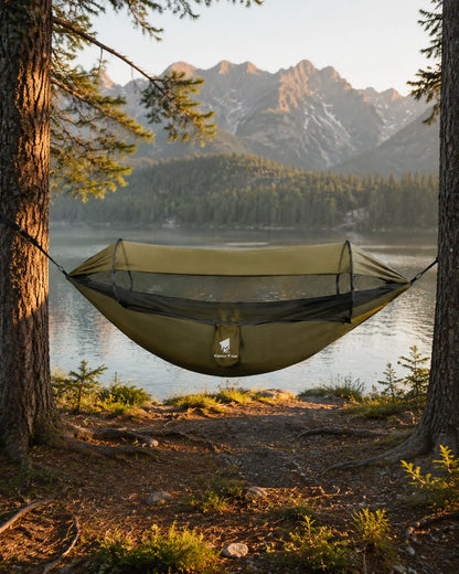 Empty Army Green mosquito-net hammock suspended beside a mountain lake