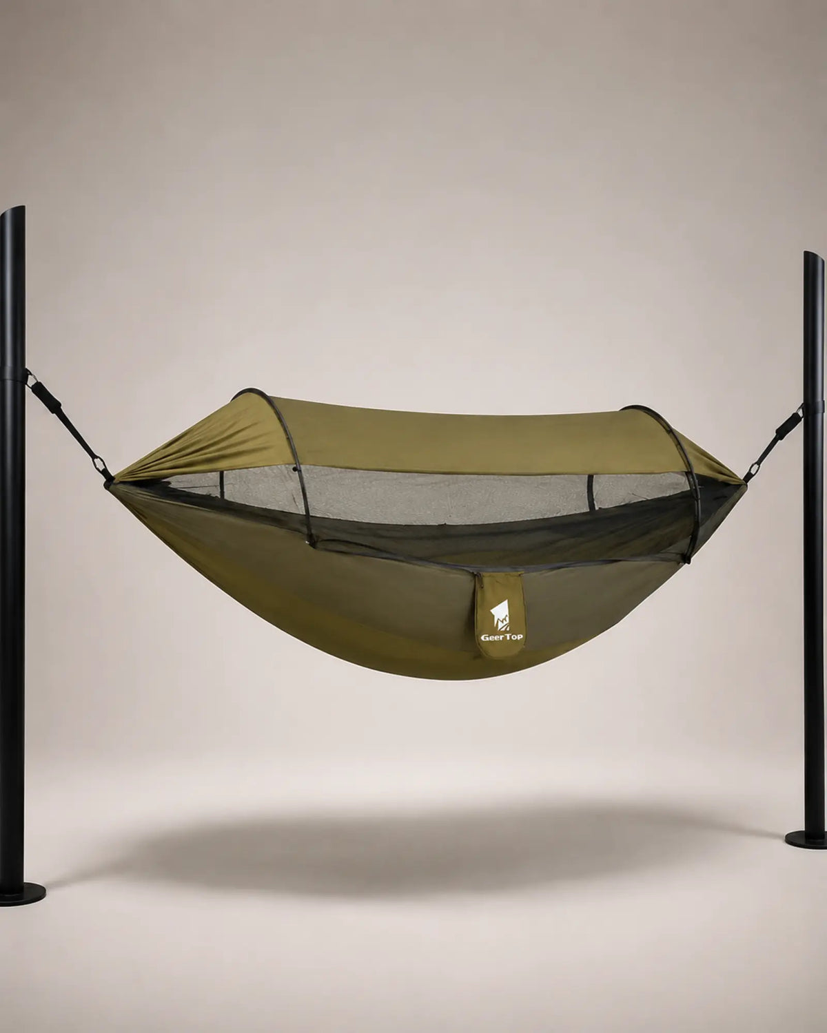 Army Green enclosed camping hammock shown from the left three-quarter angle
