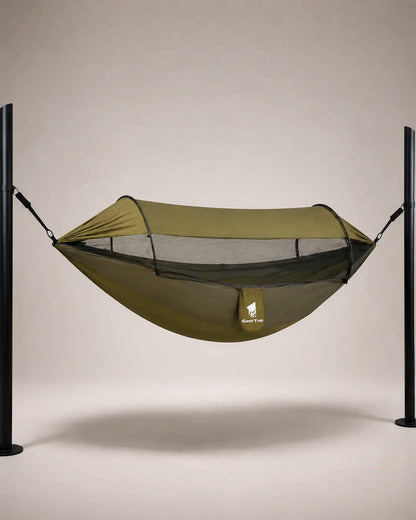 Army Green enclosed camping hammock shown from the left three-quarter angle