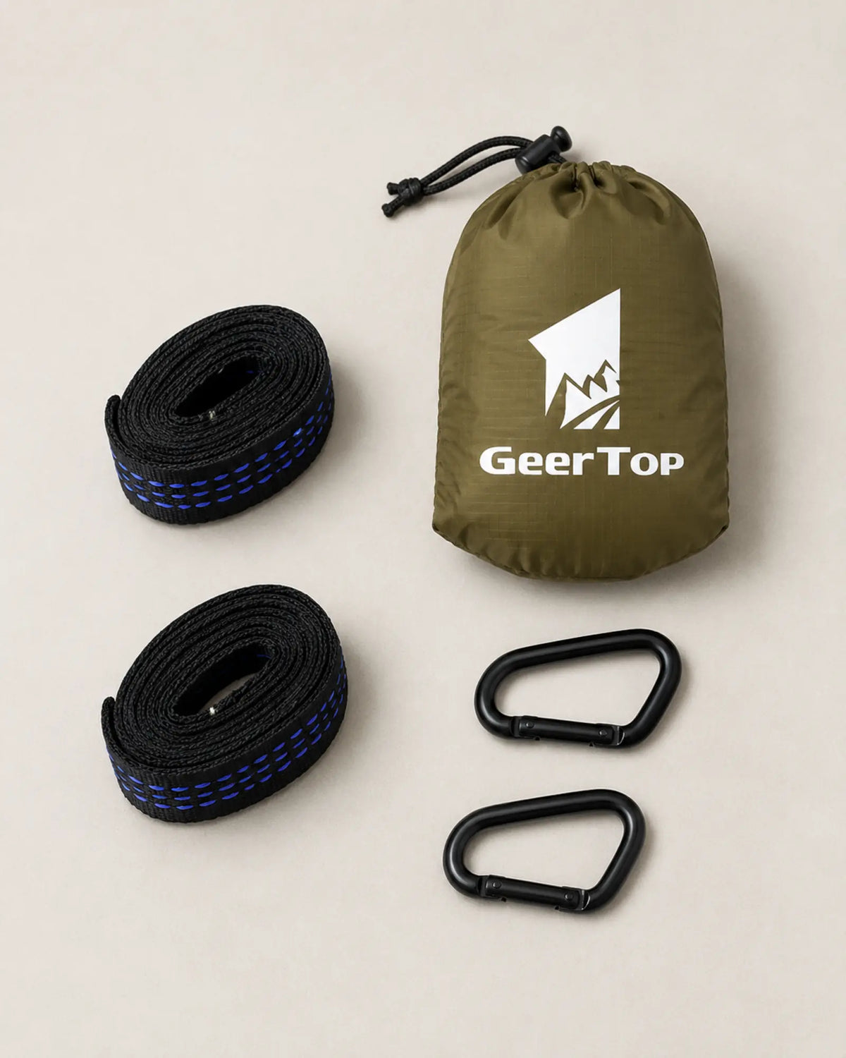 Packed GeerTop hammock kit with tree straps and black carabiners