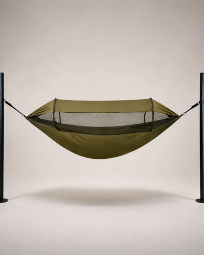 Opposite side view of the Army Green mosquito-net camping hammock