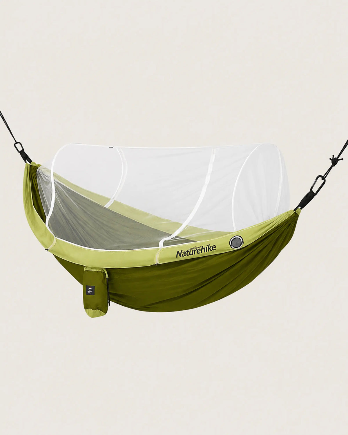 Green double camping hammock with white tunnel mosquito net deployed