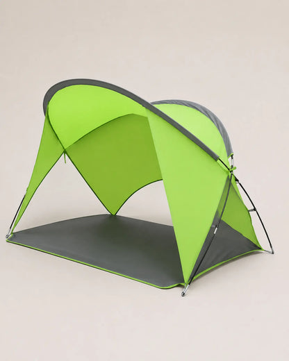 Open Green beach shelter shown from the right rear angle