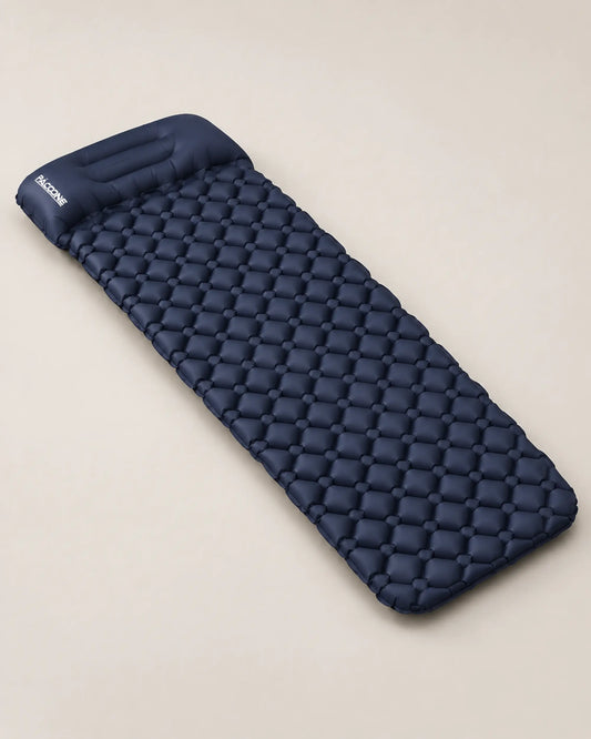 Navy blue single-person inflatable camping mattress photographed from the front on a plain background.